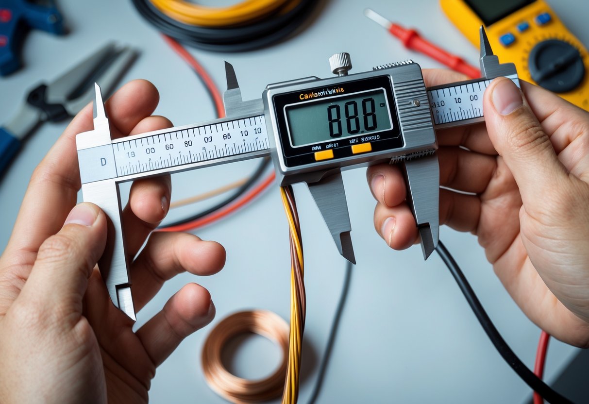 Close-up of hands using a digital caliper to measure the thickness of an insulated electrical wire on a clean workspace.