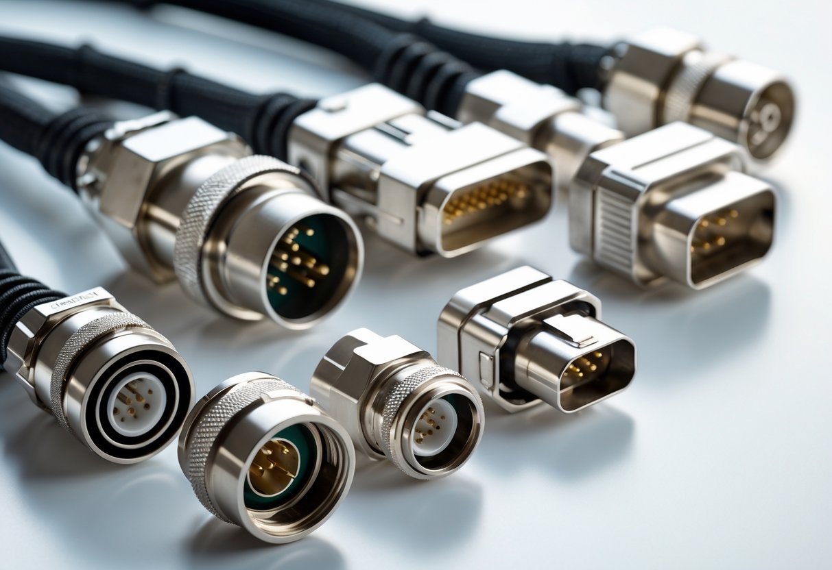 Close-up view of various Amphenol connectors arranged on a white surface.