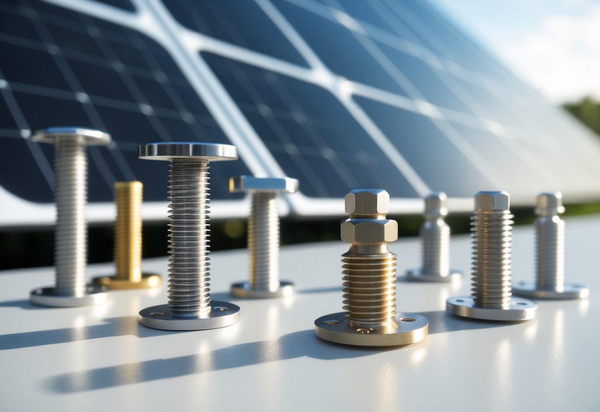 Close-up of various metal fasteners for solar panels arranged on a white surface with a solar panel visible in the background.