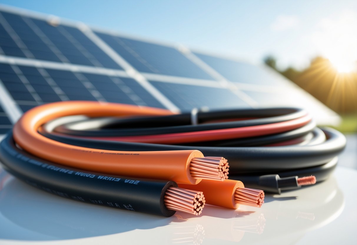 Close-up of colorful solar wires and cables with copper conductors visible, set against a blurred background of solar panels under sunlight.