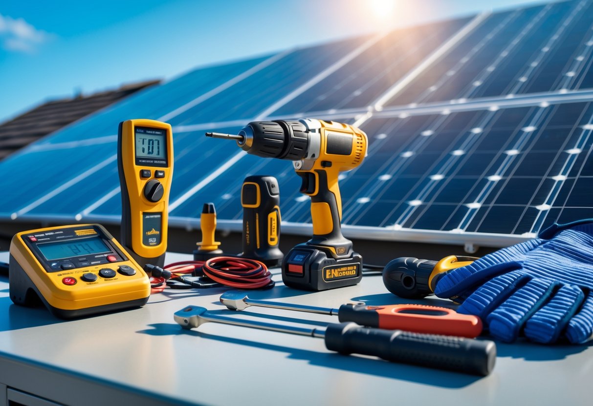Close-up of solar installation tools arranged on a workbench with solar panels visible in the background.