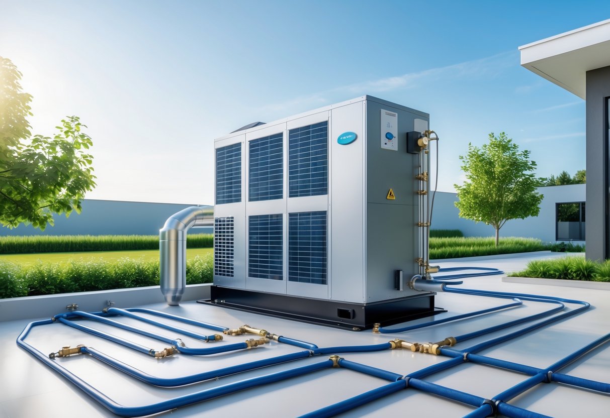 A geothermal heat pump unit installed outdoors near a modern building with visible pipes and underground loops surrounded by green plants.