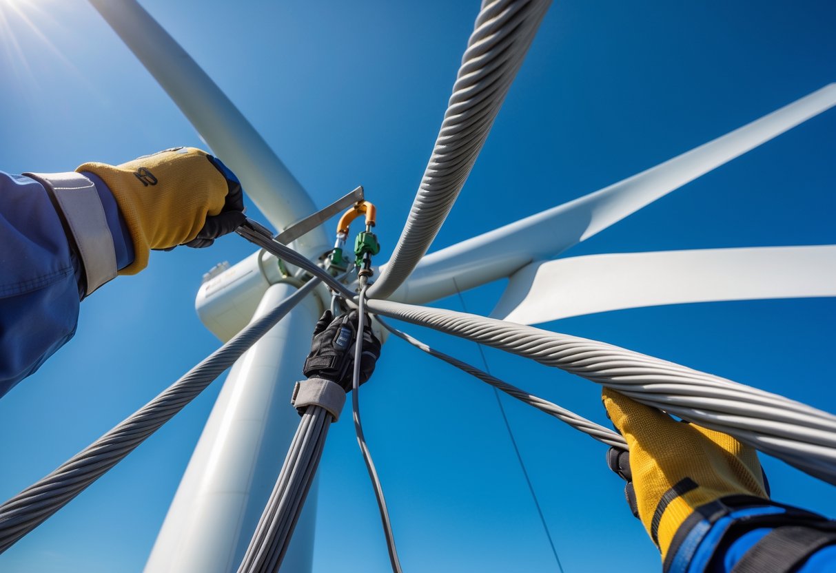 Workers installing thick cables on a wind turbine tower outdoors on a sunny day.