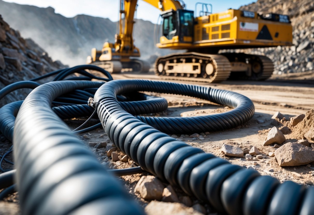 Thick industrial cables near heavy mining machinery at a rocky mining site.