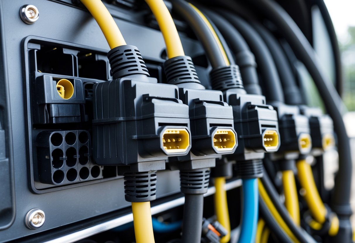Close-up of industrial connectors and cables inside transportation equipment with organized wiring and vehicle components in the background.