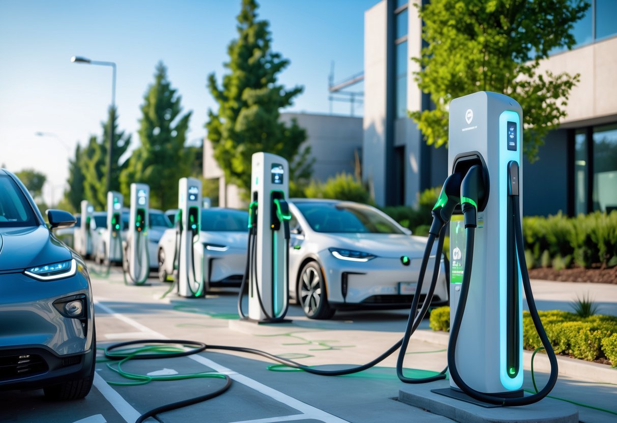 Electric vehicle chargers connected to parked cars at an outdoor charging station with trees and blue sky in the background.