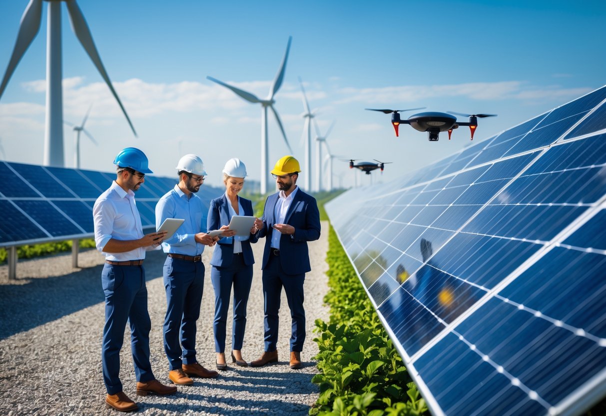 Engineers discussing data at a solar farm with modern solar panels and wind turbines in the background under a clear sky.