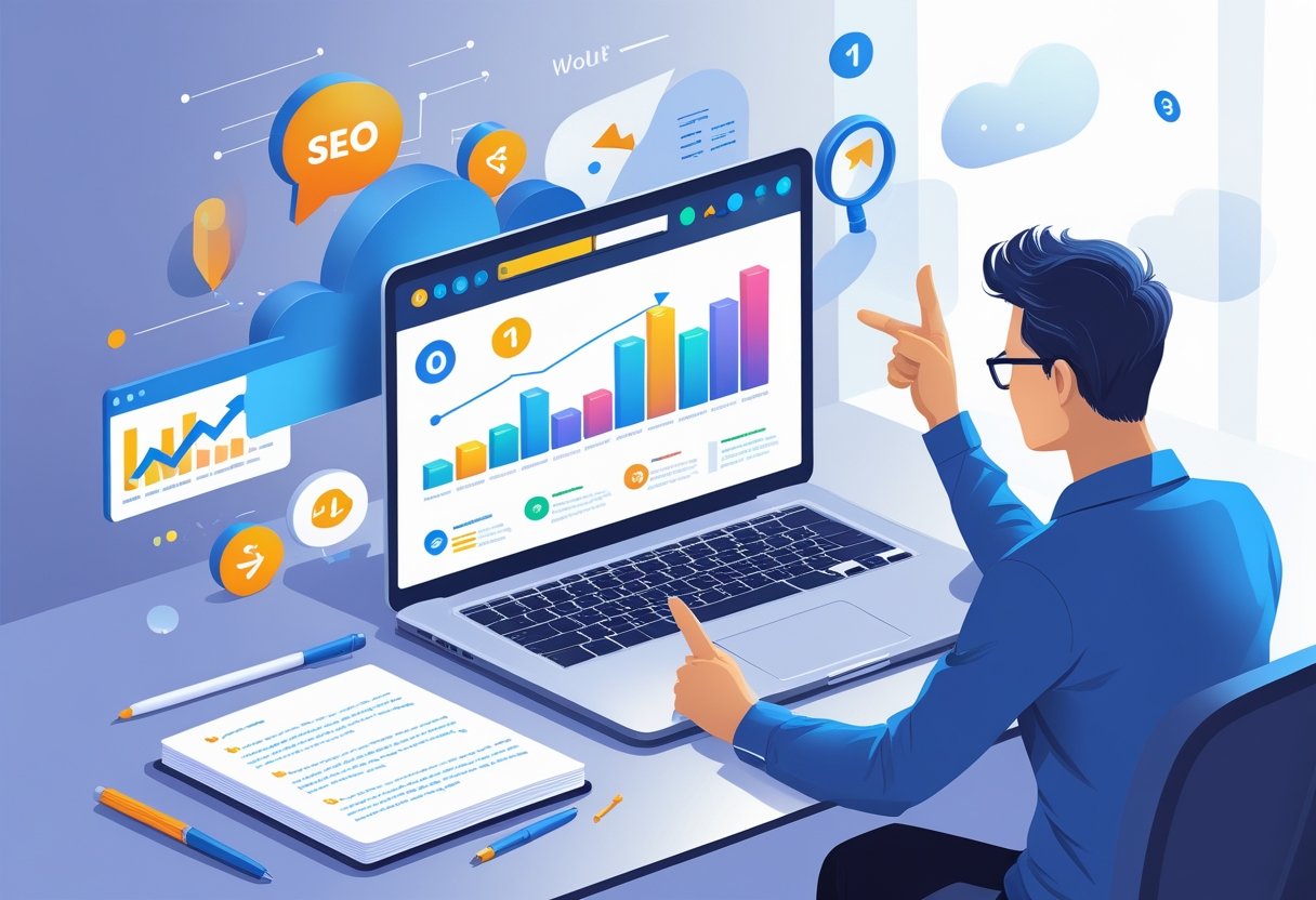 A person sitting at a desk using a laptop with SEO charts and icons around, following a step-by-step tutorial on optimizing blog content.