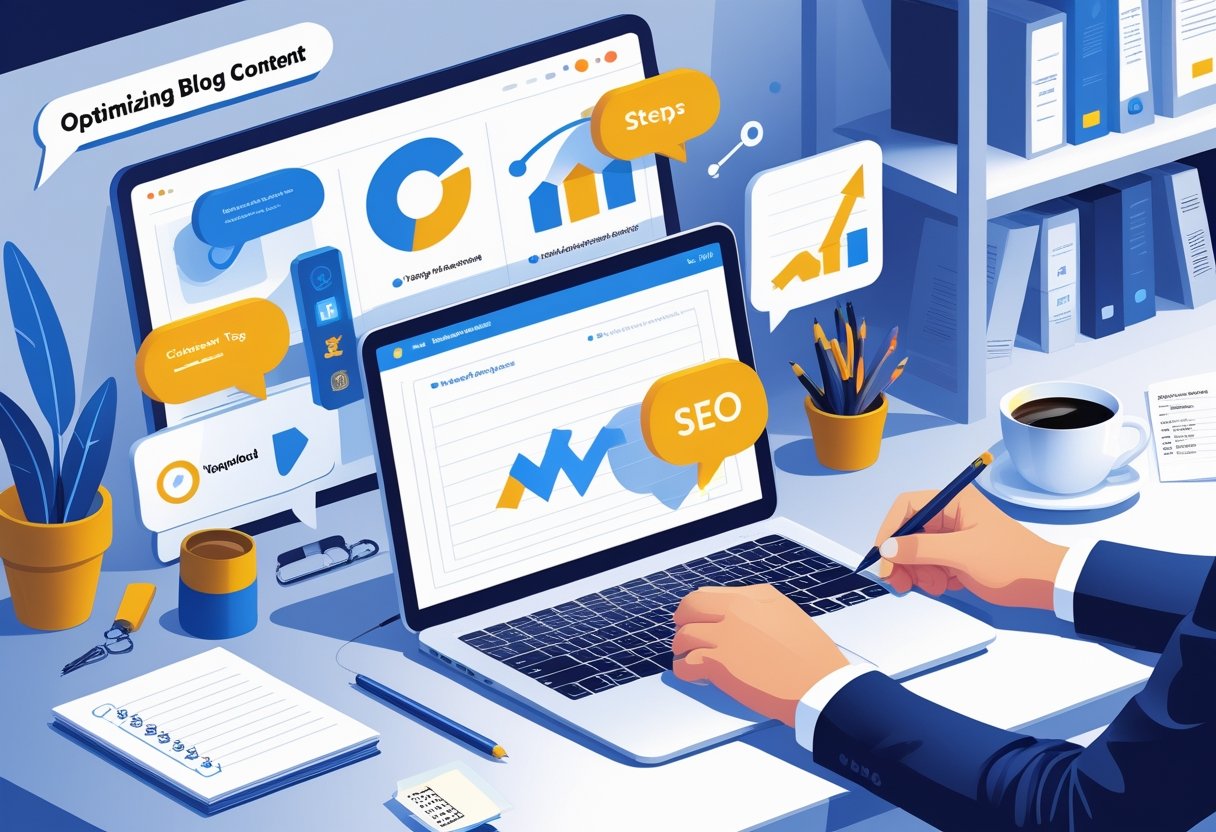 A person working at a desk with a laptop showing a digital assistant interface, surrounded by icons representing SEO concepts like graphs, keywords, and checklists.