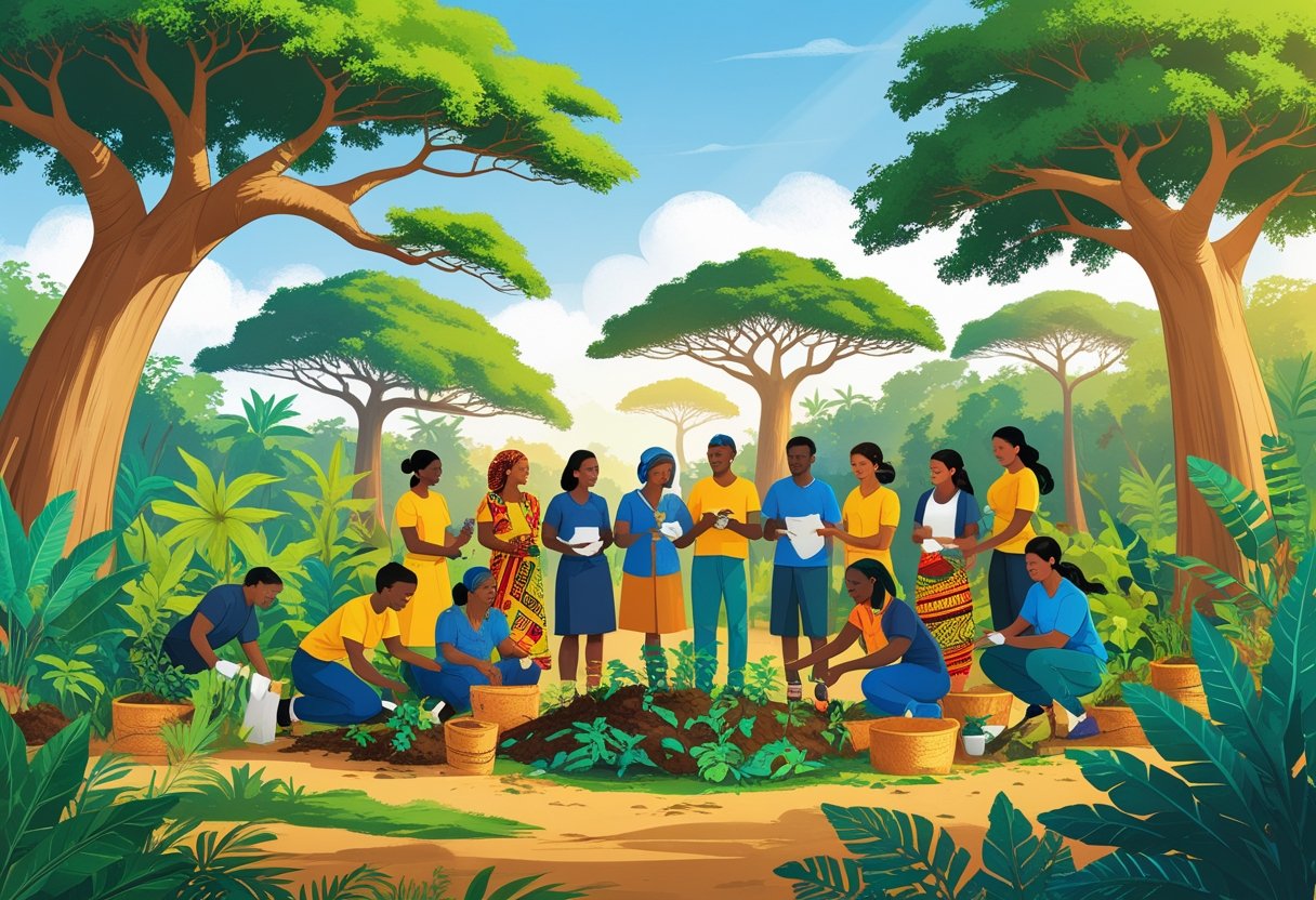 Un groupe de personnes travaillant ensemble en plein air sous des baobabs à Madagascar, entouré de plantes tropicales.