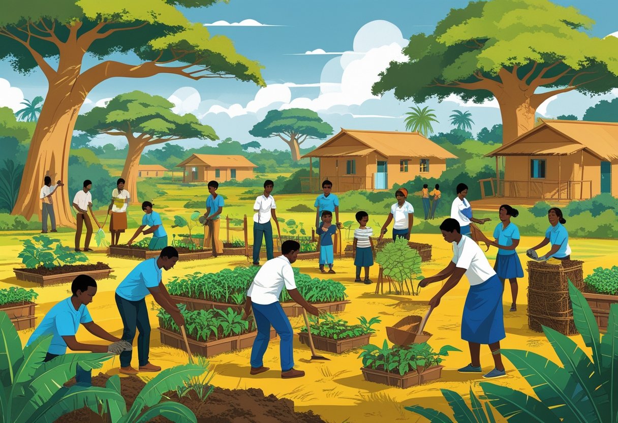 Des personnes à Madagascar participent à des projets communautaires comme la plantation d'arbres, la construction de maisons, l'enseignement en plein air et la récolte de cultures dans un paysage tropical.