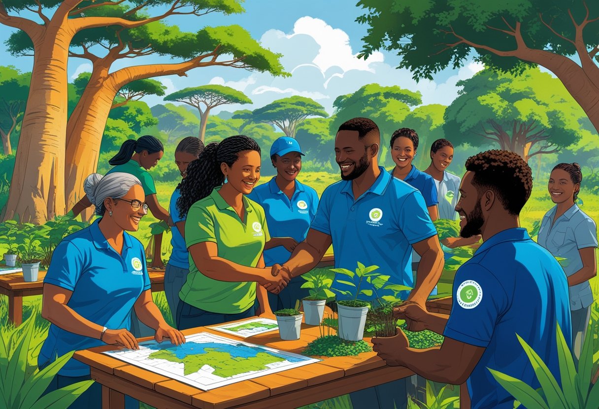 Un groupe de personnes travaillant ensemble en plein air dans un environnement tropical avec des baobabs, plantant des arbres et partageant des idées pour soutenir des initiatives à Madagascar.