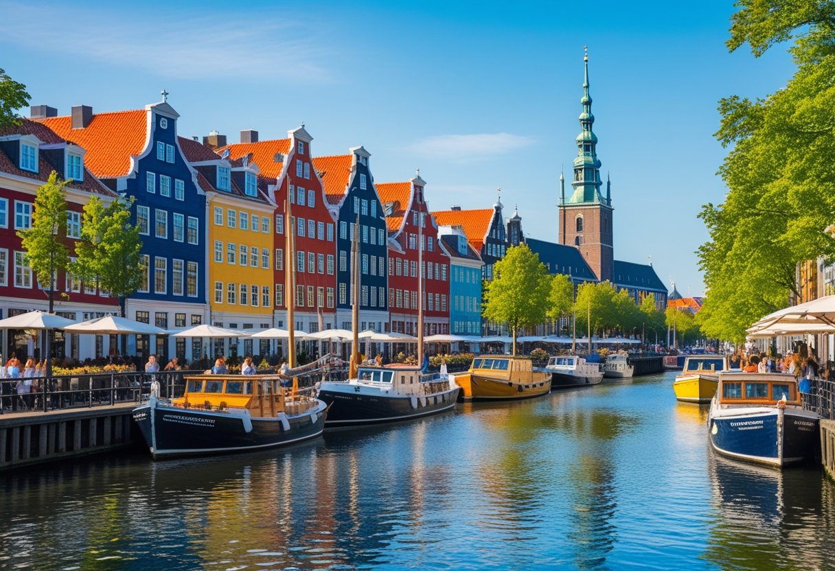 Colorful waterfront buildings and boats along a canal in Copenhagen with people walking nearby on a sunny day.