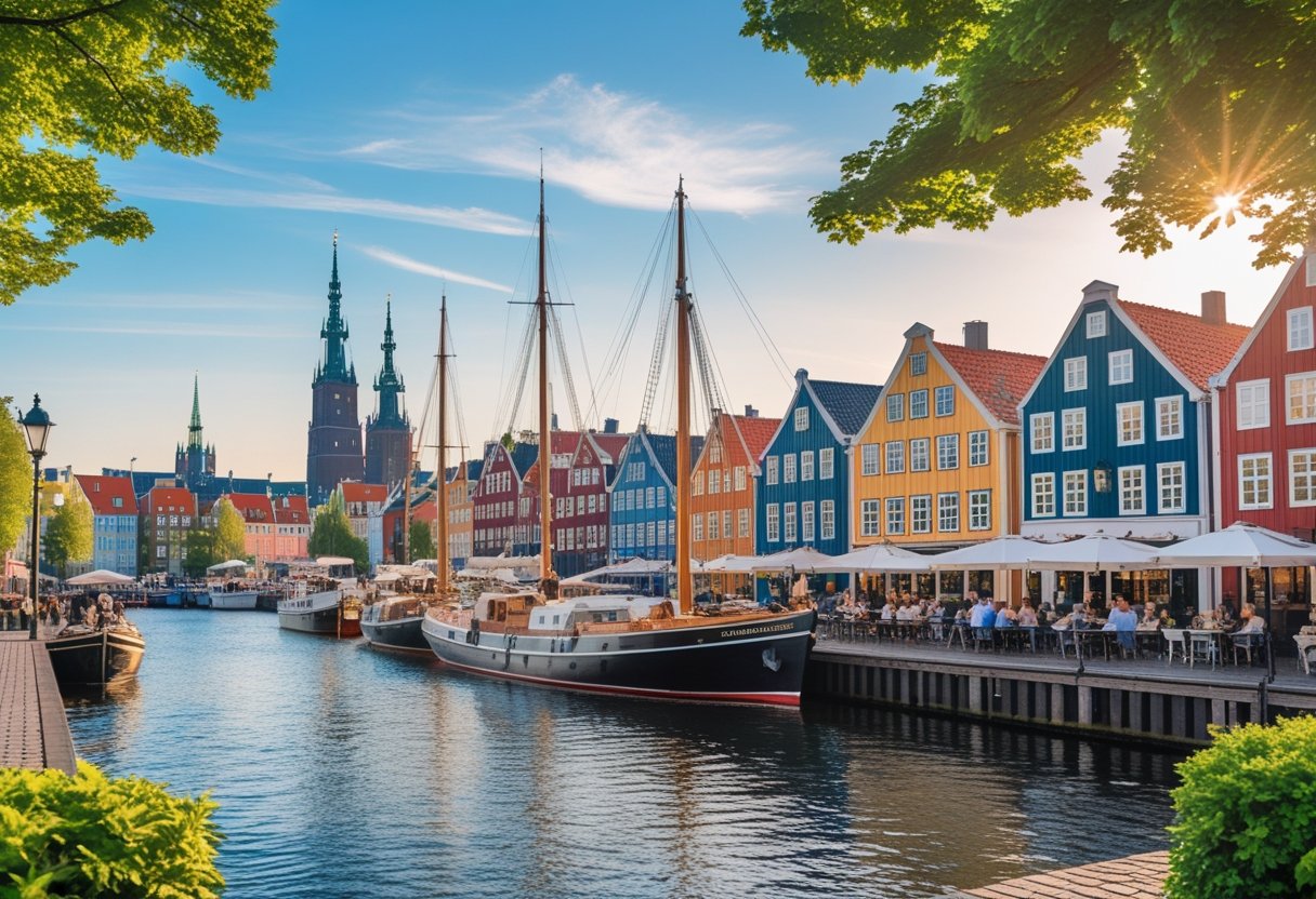 Colorful waterfront buildings and sailboats at Nyhavn harbor in Copenhagen with people enjoying outdoor cafes and a city skyline in the background.