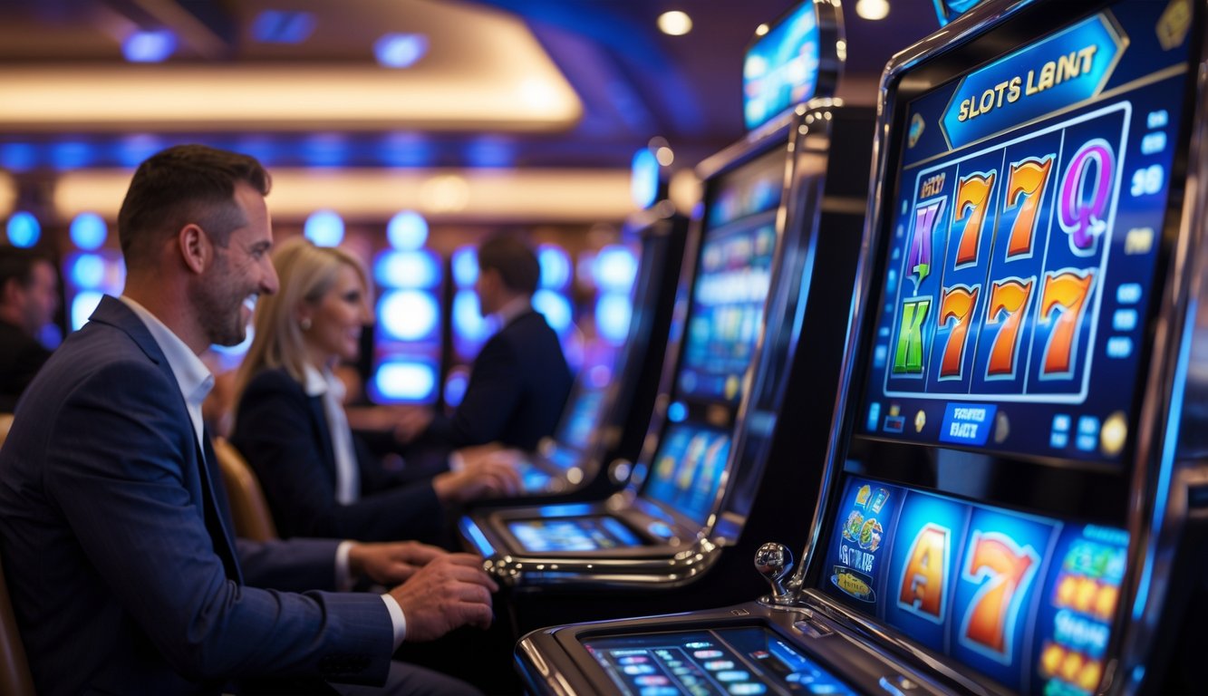 Suasana kasino modern dengan mesin slot digital dan orang-orang bermain dengan senang.