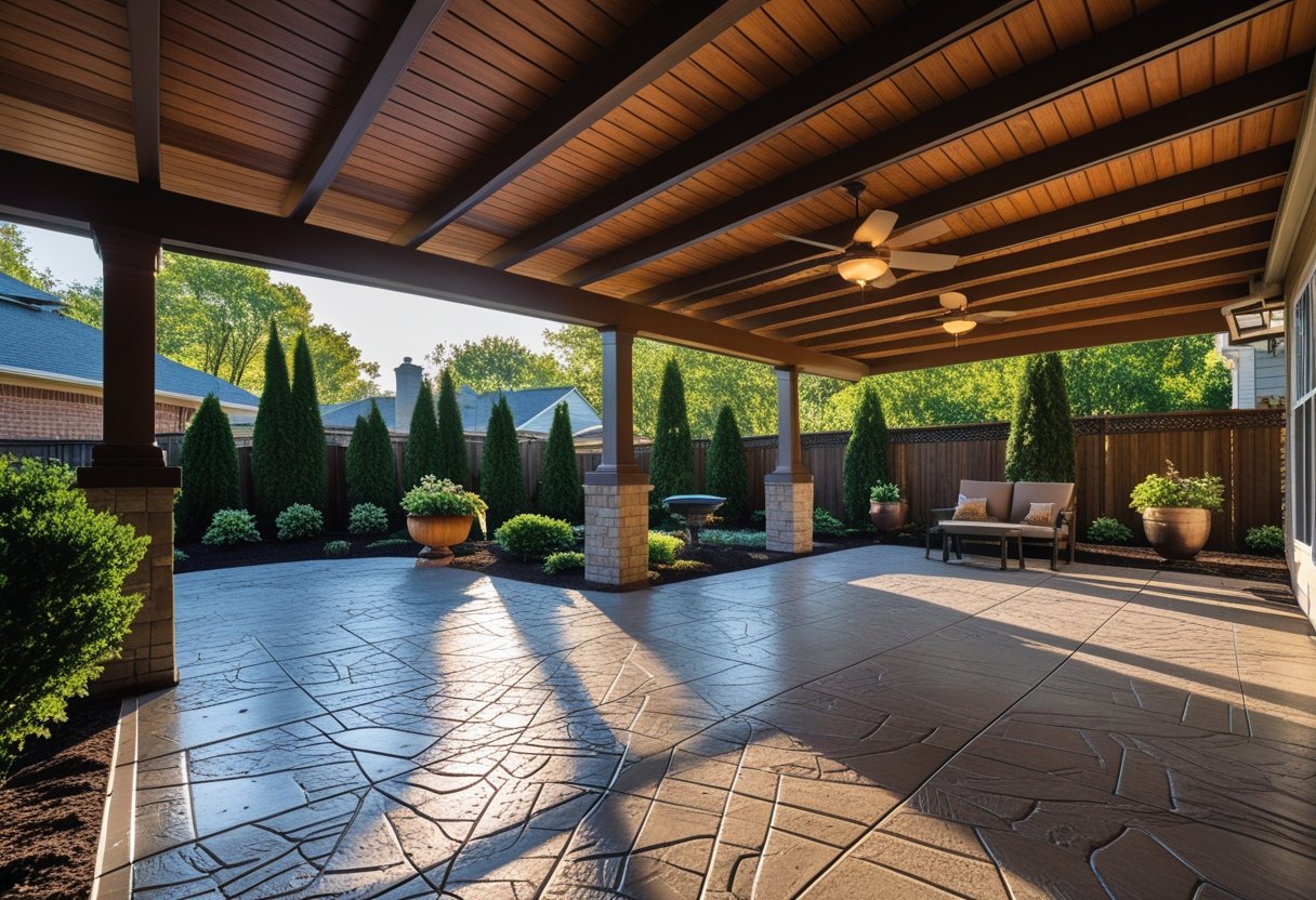 Stamped concrete patio installed under a wooden deck with surrounding plants and garden lighting.
