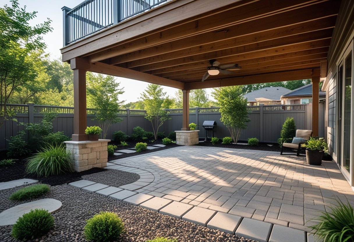 A backyard patio under a wooden deck with gravel and stone pavers surrounded by green plants.