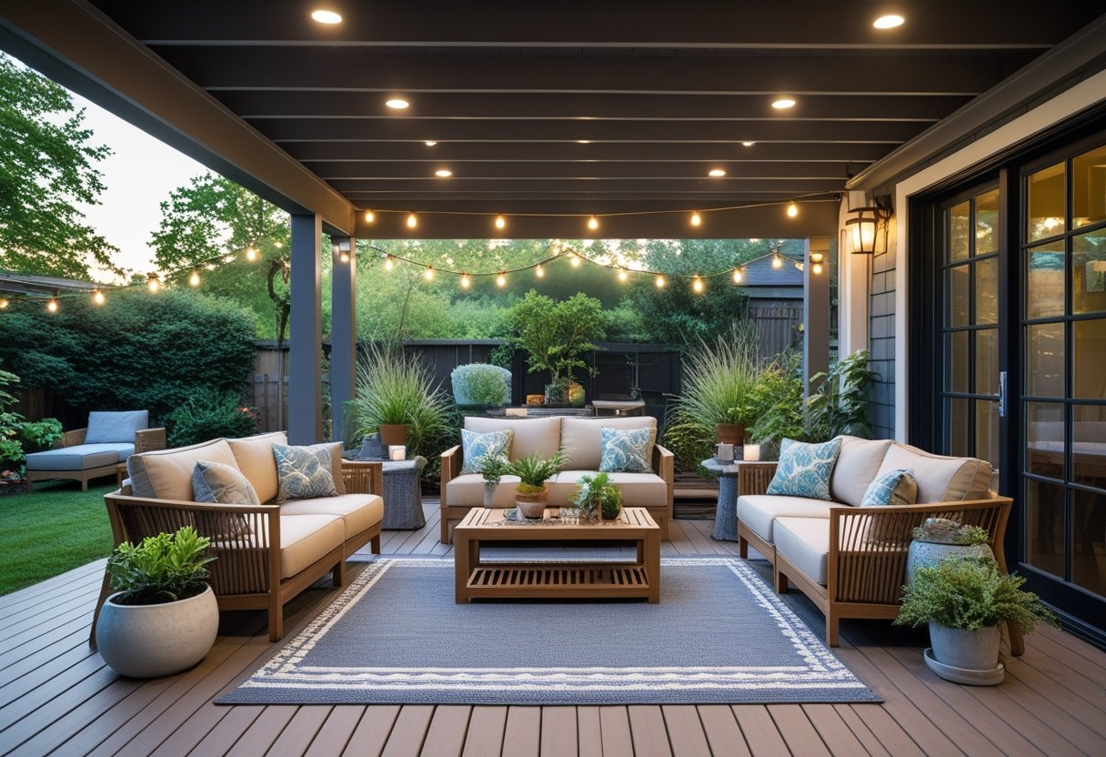An outdoor lounge area under a deck with weatherproof sofas, chairs, tables, plants, and soft lighting in a backyard setting.