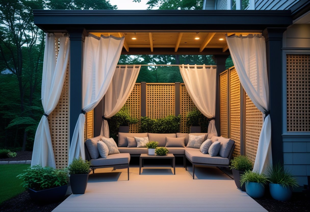 Under-deck patio with wooden lattice panels and outdoor curtains surrounding a seating area with plants.