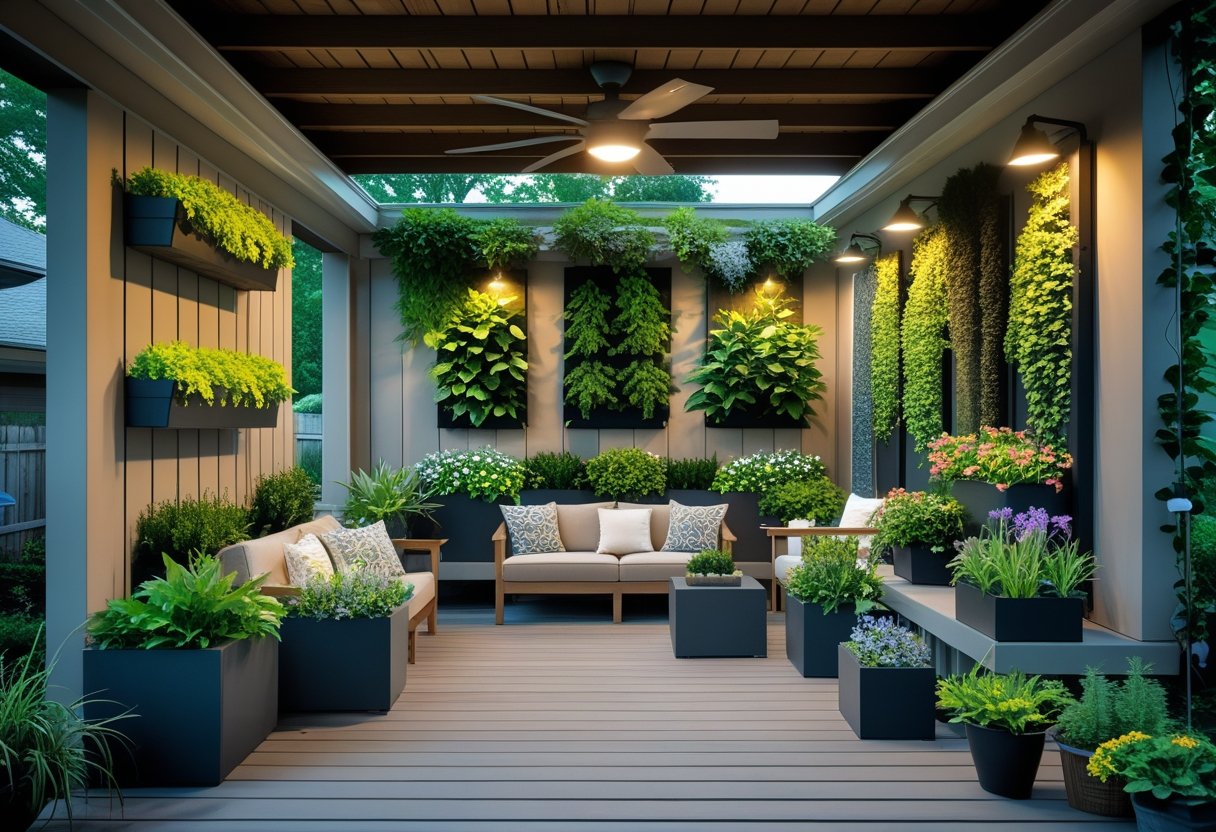 An under-deck patio with various planters and vertical gardens filled with green plants, comfortable seating, and soft lighting.