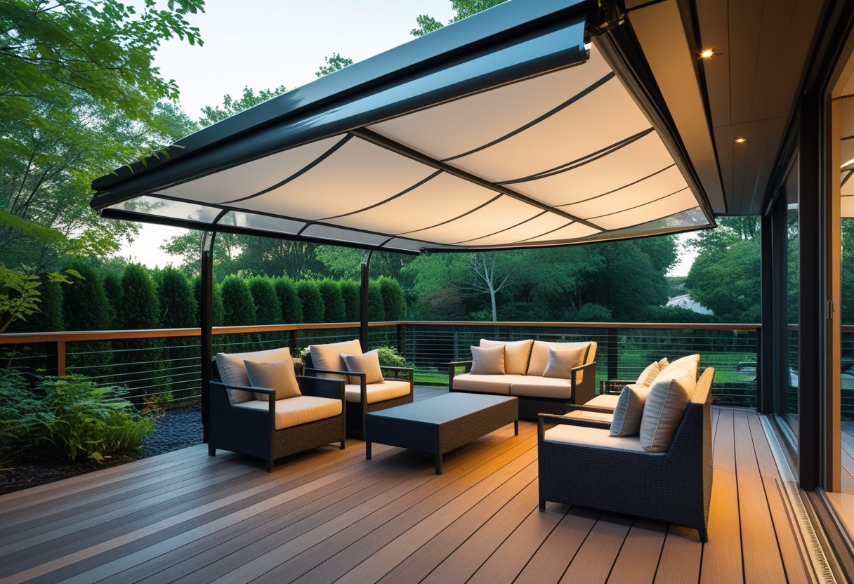 Under-deck patio with a retractable waterproof canopy covering outdoor seating and surrounded by plants.