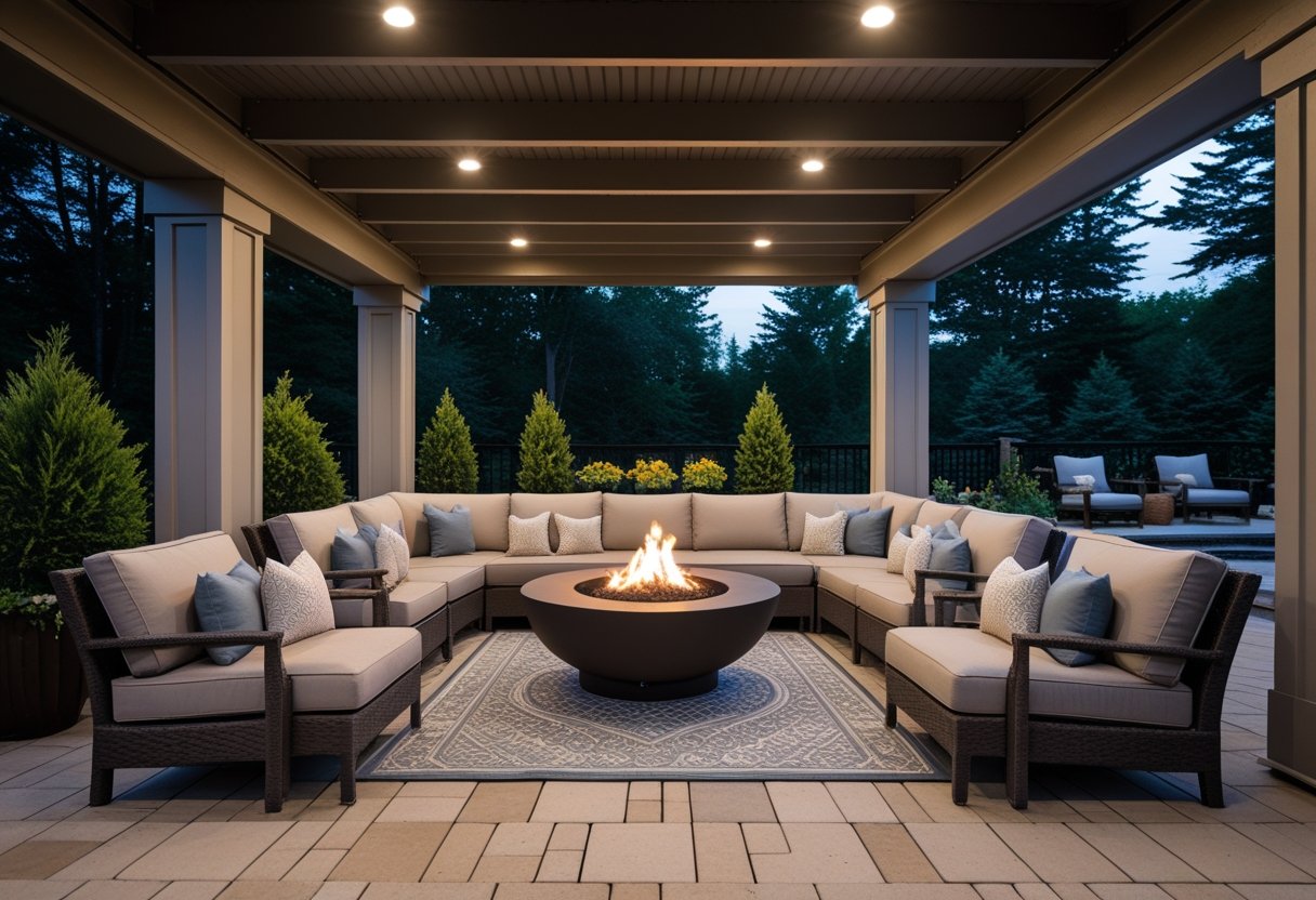An under deck patio with a fire pit surrounded by seating for ten people.