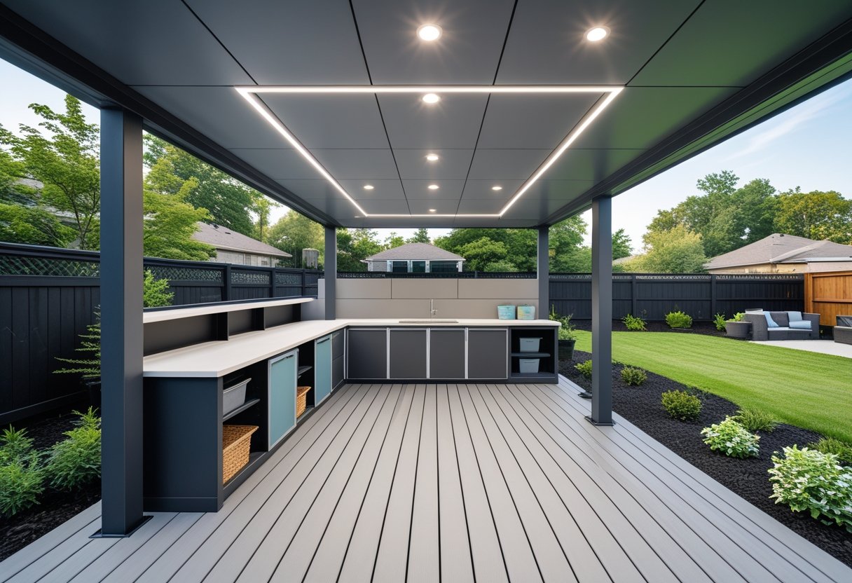 Outdoor deck with a waterproof ceiling and organized storage units underneath, surrounded by a backyard with greenery.