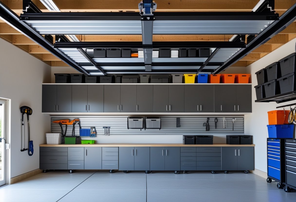 A clean garage with a ceiling rack storage system holding bins above the floor and additional organized storage solutions below.
