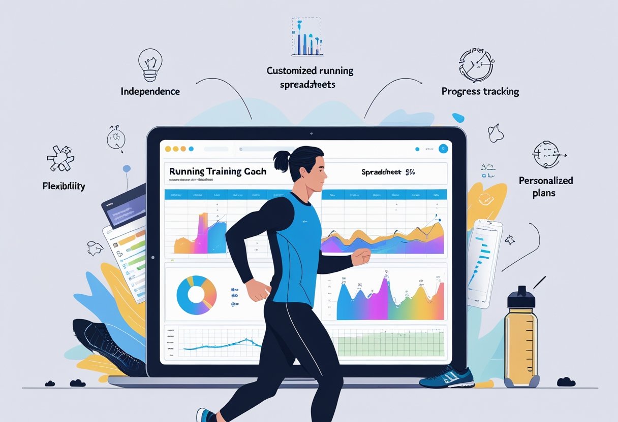 Um corredor analisando uma planilha digital personalizada de corrida em um tablet, em um ambiente de treino independente e organizado.