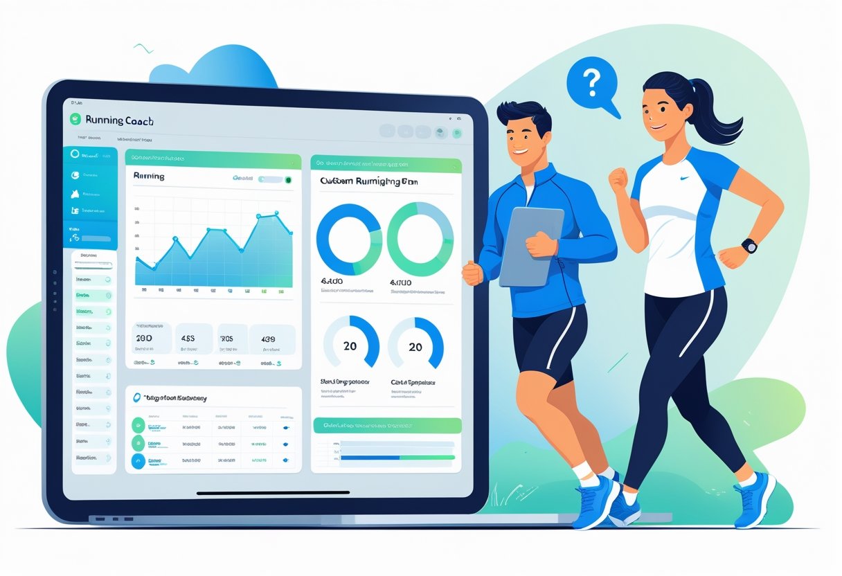 Ilustração mostrando uma planilha digital de corrida personalizada de um lado e um treinador de corrida interagindo com um corredor do outro lado.