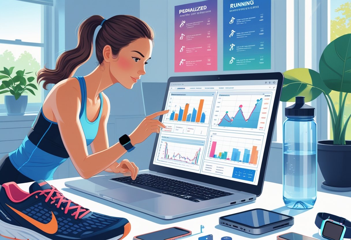 Pessoa correndo analisando planilhas de corrida personalizadas em um laptop em um ambiente de escritório organizado.