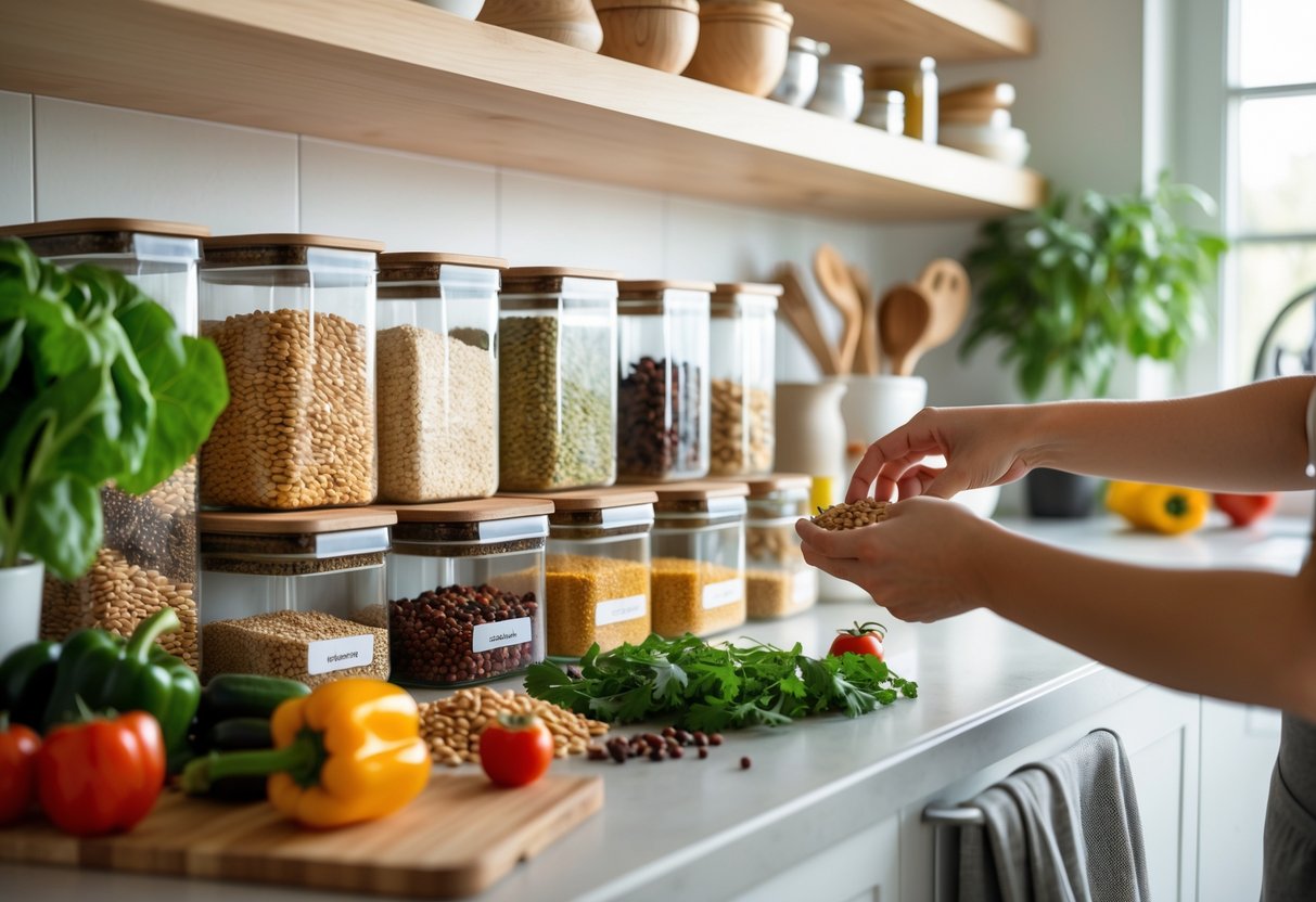 A person selecting healthy ingredients from a well-organized pantry in a bright kitchen with fresh vegetables on the counter.