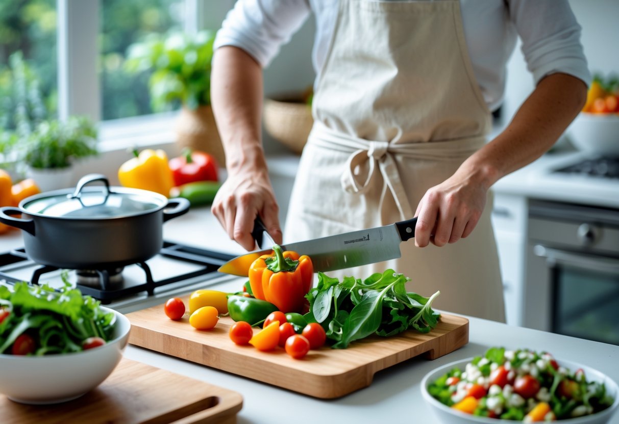 Person chopping fresh vegetables in a bright kitchen with a pot simmering on the stove and a bowl of salad on the counter.