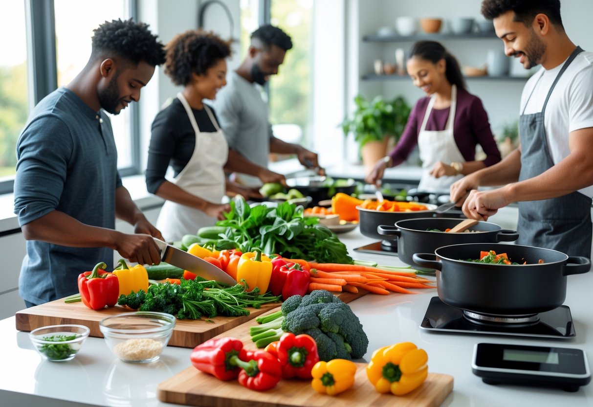People preparing fresh vegetables and cooking healthy meals together in a bright kitchen.
