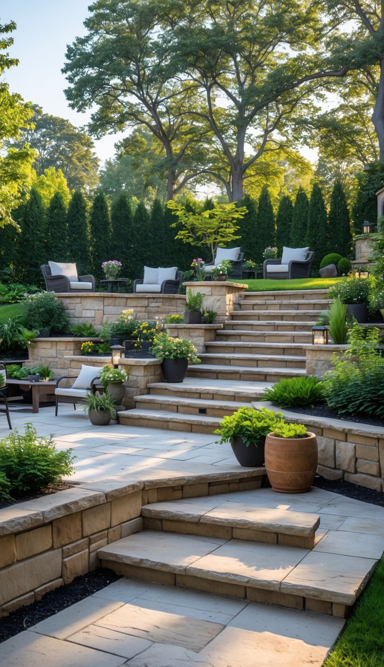 A multi-level backyard patio with stone steps, outdoor seating, green plants, and trees.