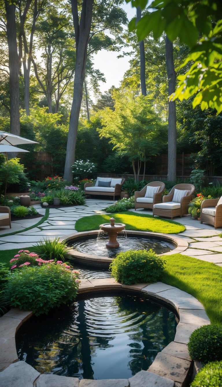 A backyard with a small pond or fountain surrounded by plants, trees, and outdoor seating.