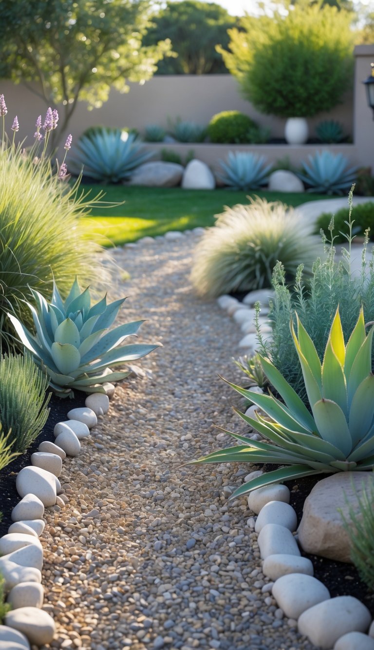 A backyard with a gravel pathway bordered by drought-resistant plants and small shrubs.