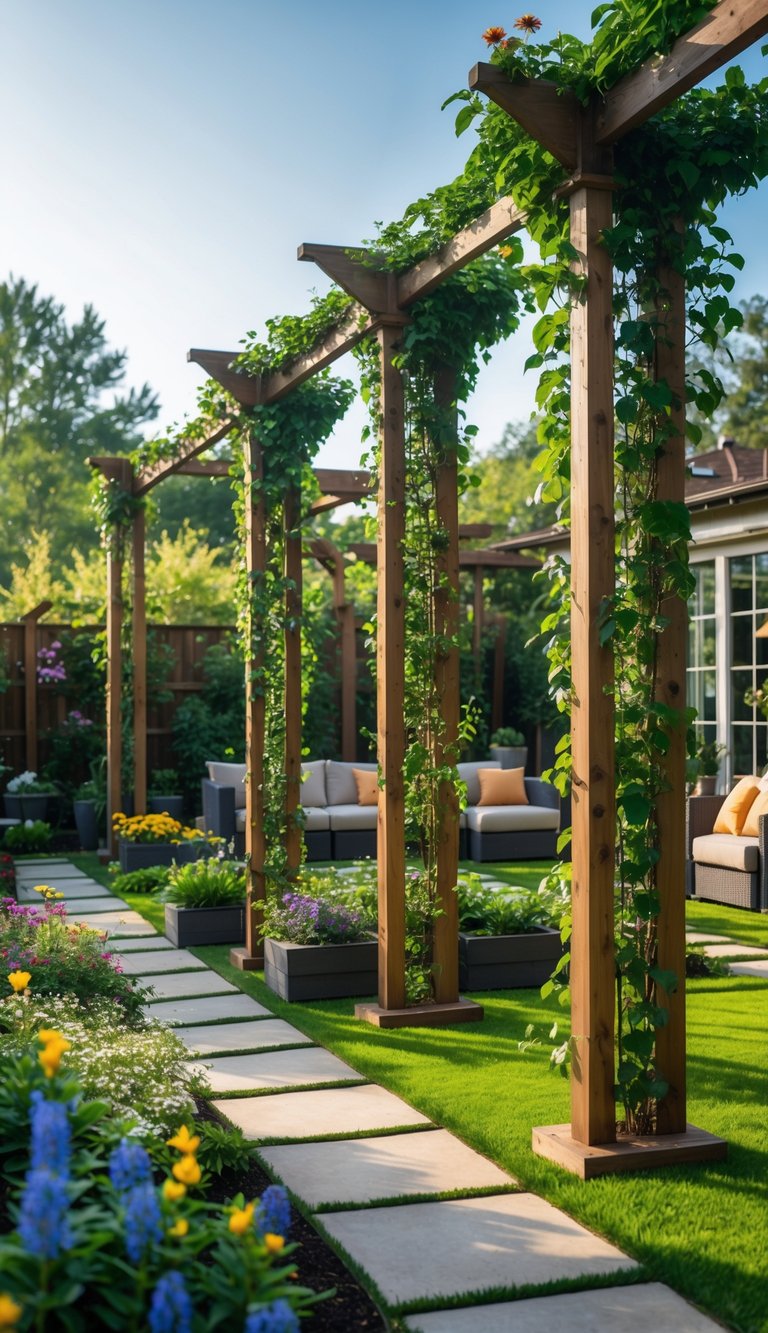 A backyard with wooden trellises covered in climbing vines, colorful flowers, green grass, and outdoor seating areas.