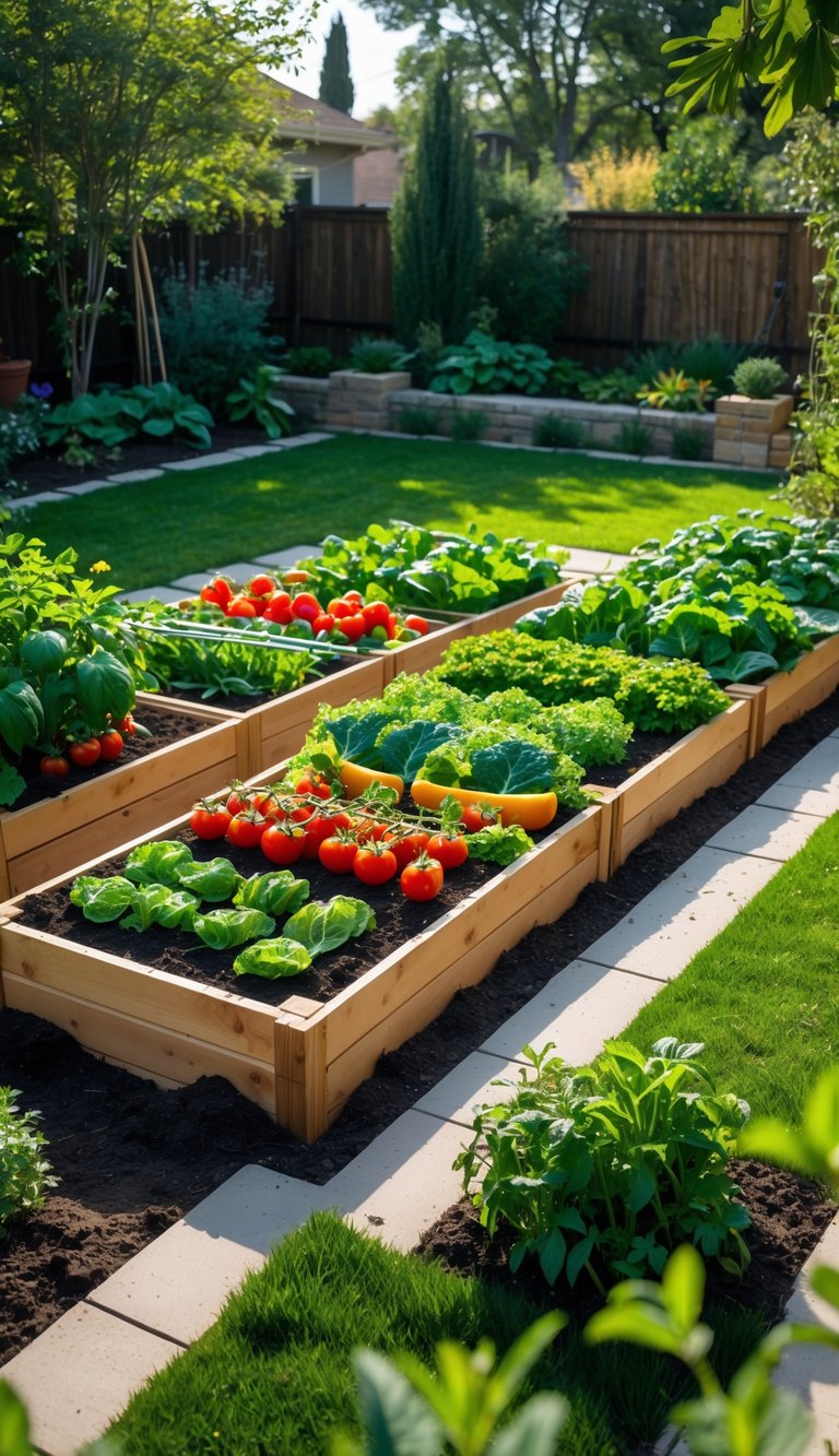 A backyard with raised wooden vegetable garden beds filled with various healthy vegetables, surrounded by grass and plants.