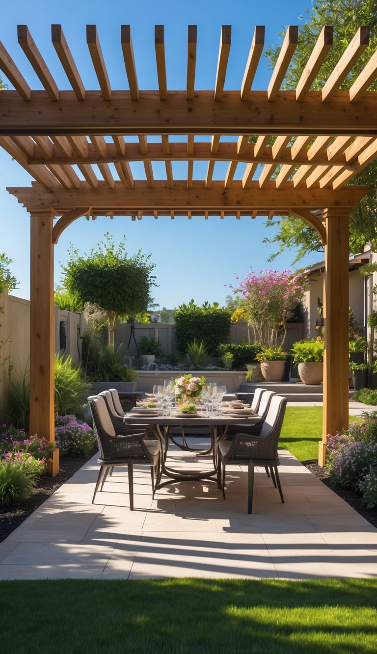 A backyard with a wooden pergola shading an outdoor dining table surrounded by plants and garden greenery.