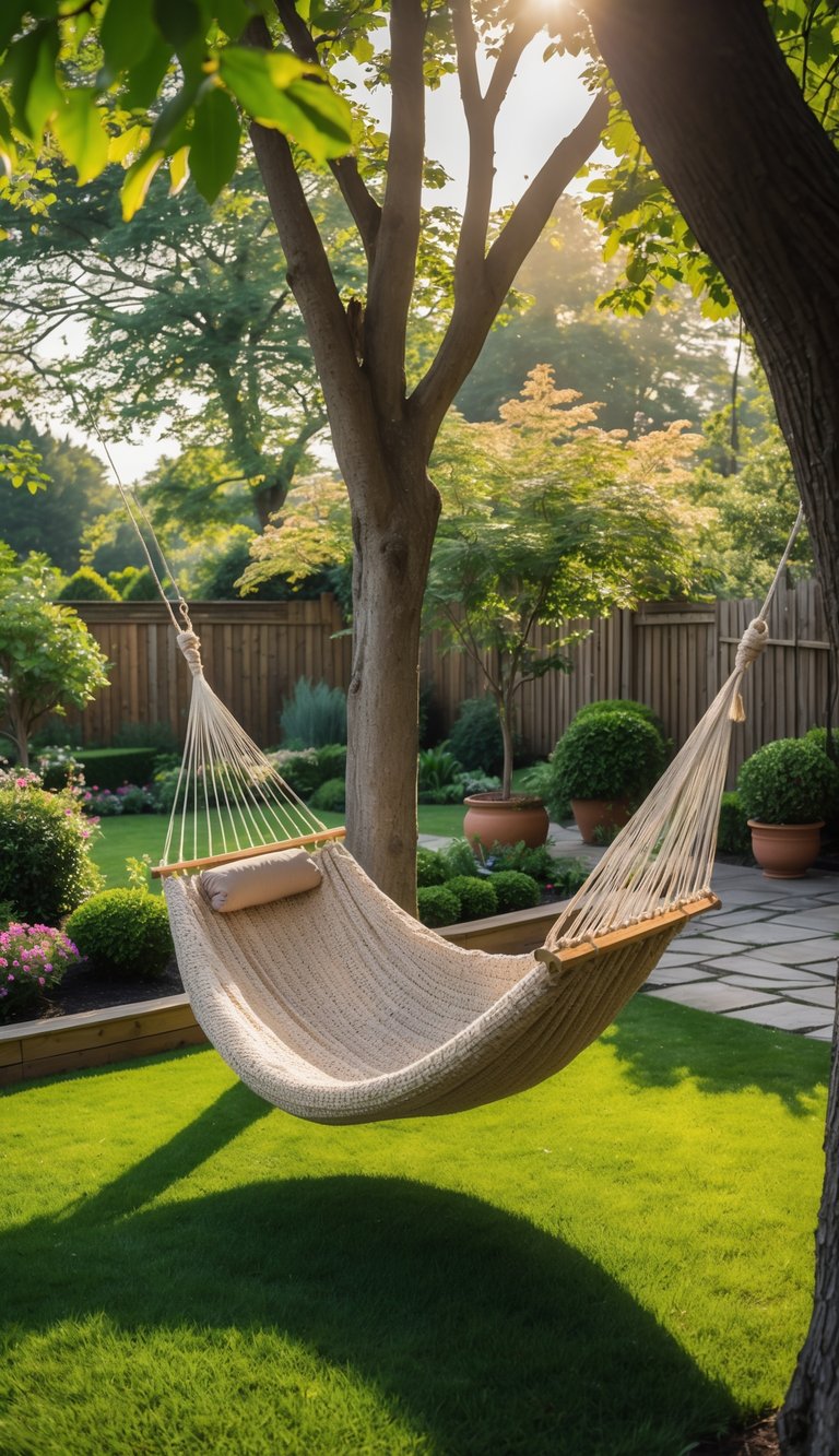 A hammock hanging between two trees in a green backyard with flowers and a stone pathway.