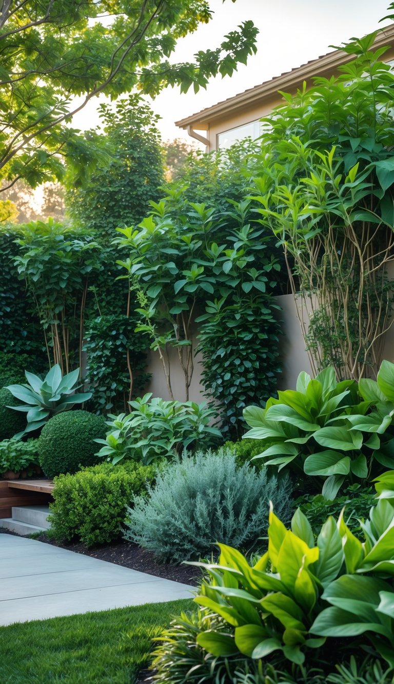 A backyard with native shrubs arranged as natural privacy screens surrounding a lawn and a seating area.