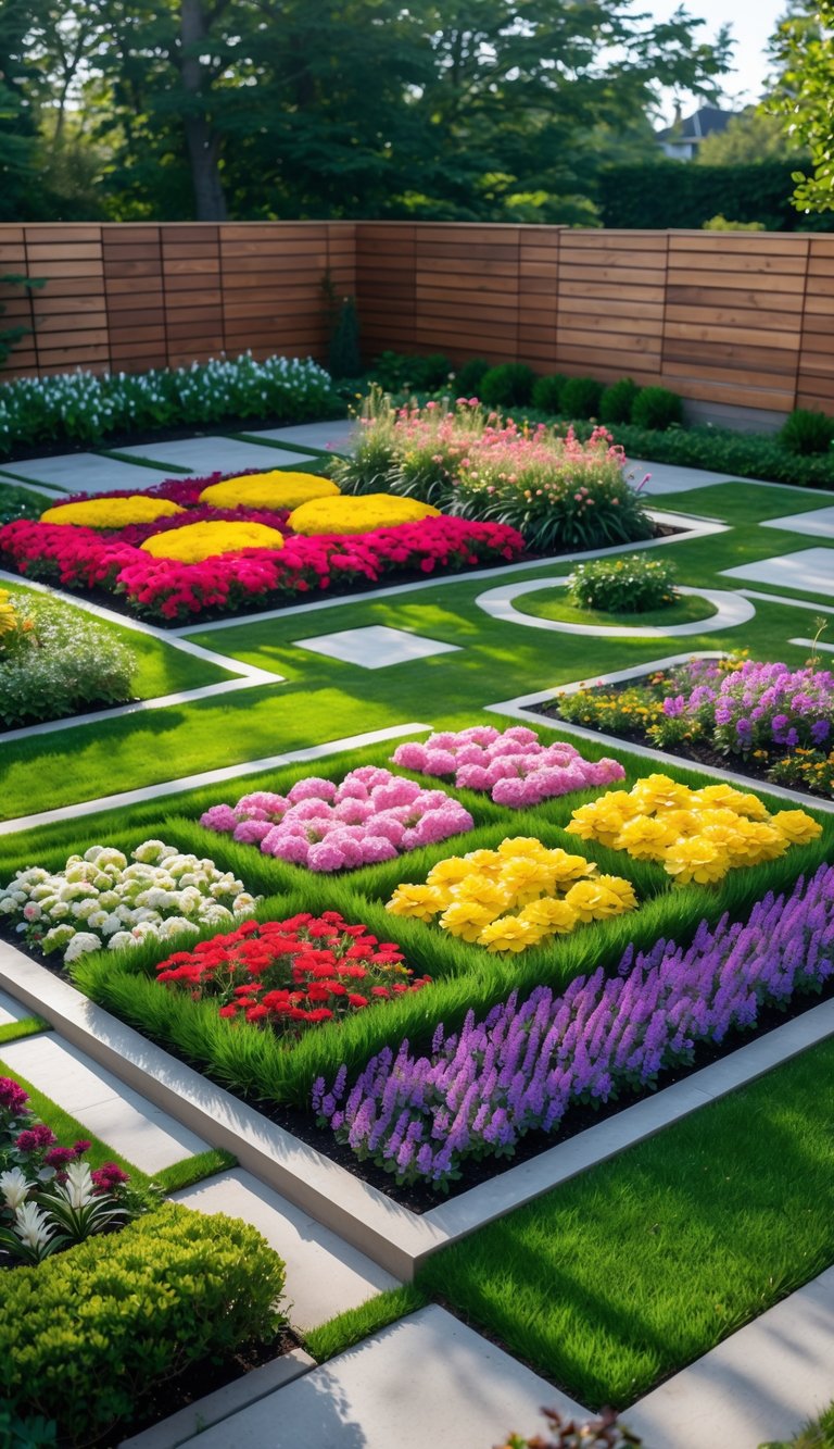 A backyard with colorful flower beds arranged in geometric shapes surrounded by green grass and shrubs.