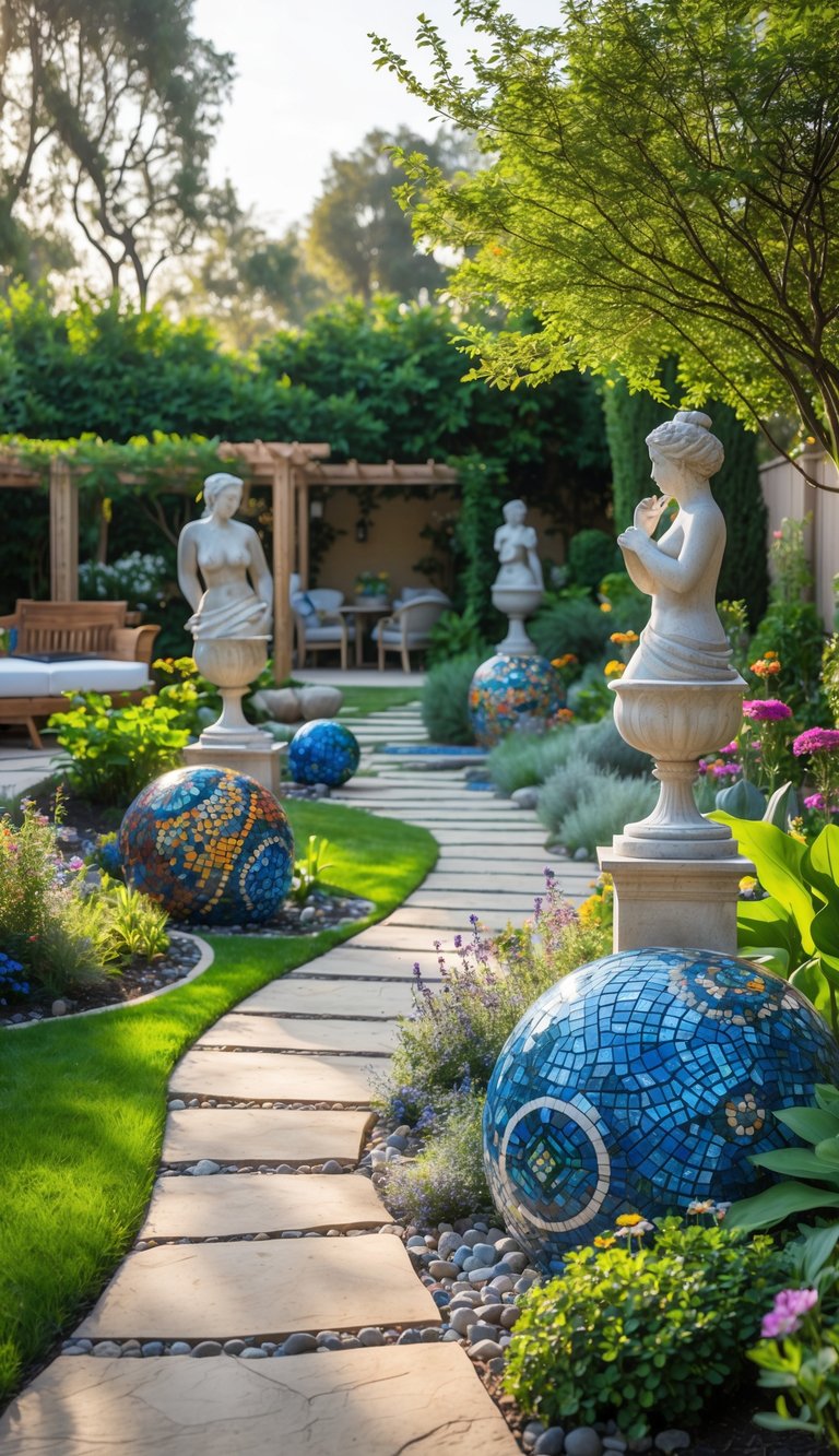 A backyard garden with garden statues, artisan mosaics, green plants, and stone pathways.