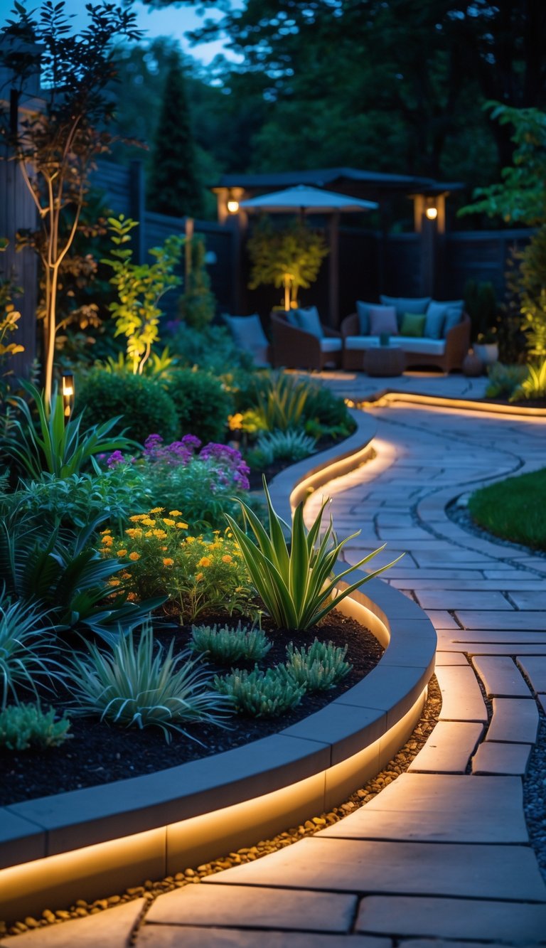 A backyard at dusk with ambient lights along pathways and garden borders, surrounded by plants and outdoor seating.