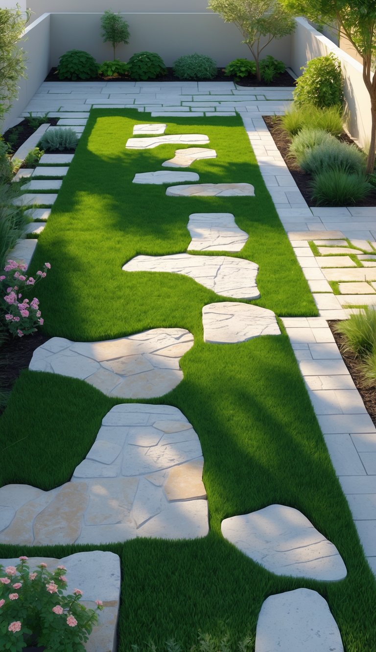 A backyard with green grass and stone pavers arranged in a patterned layout surrounded by plants and trees.