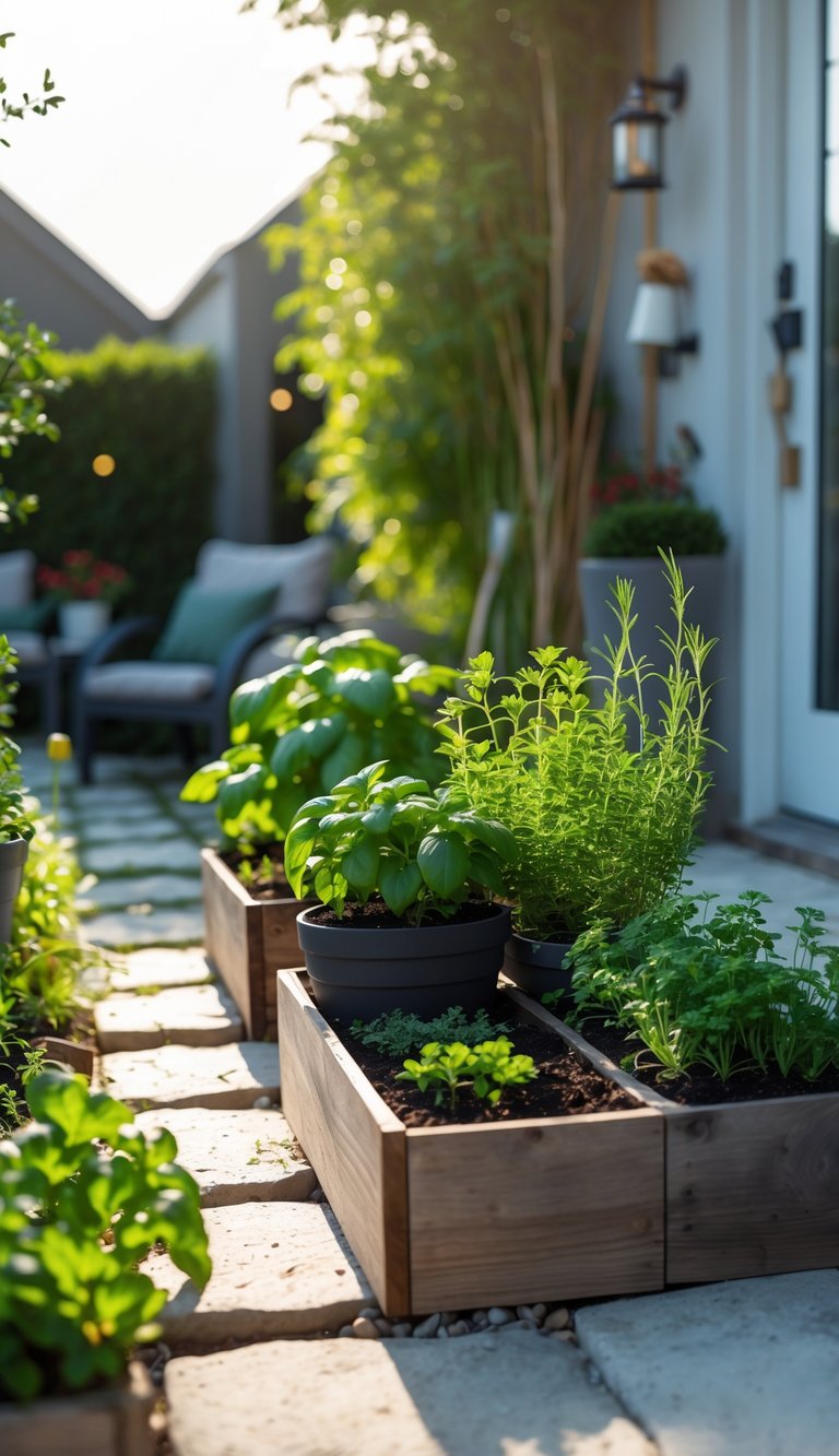 A small herb garden with various fresh herbs near a kitchen entrance in a backyard setting.
