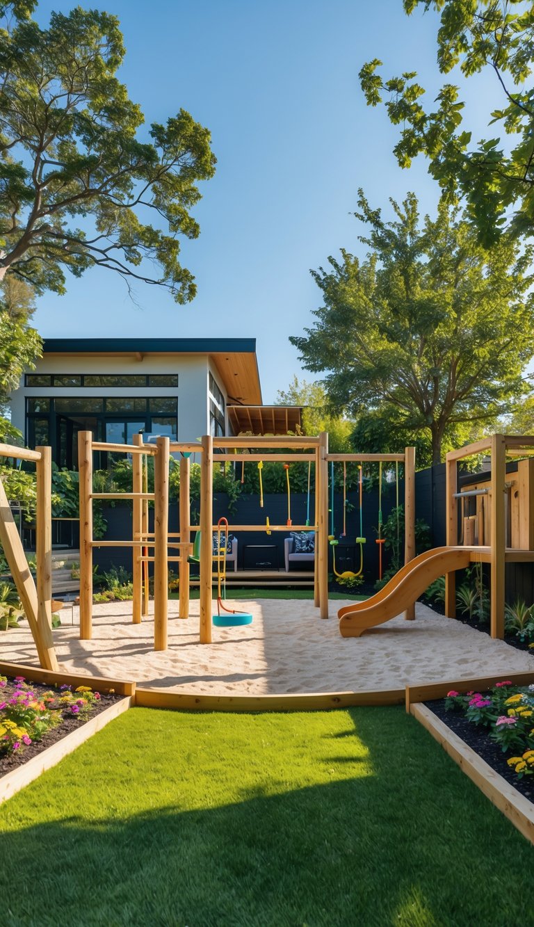 A backyard with a natural wood play area for children, surrounded by grass, flowers, and trees next to a modern house.