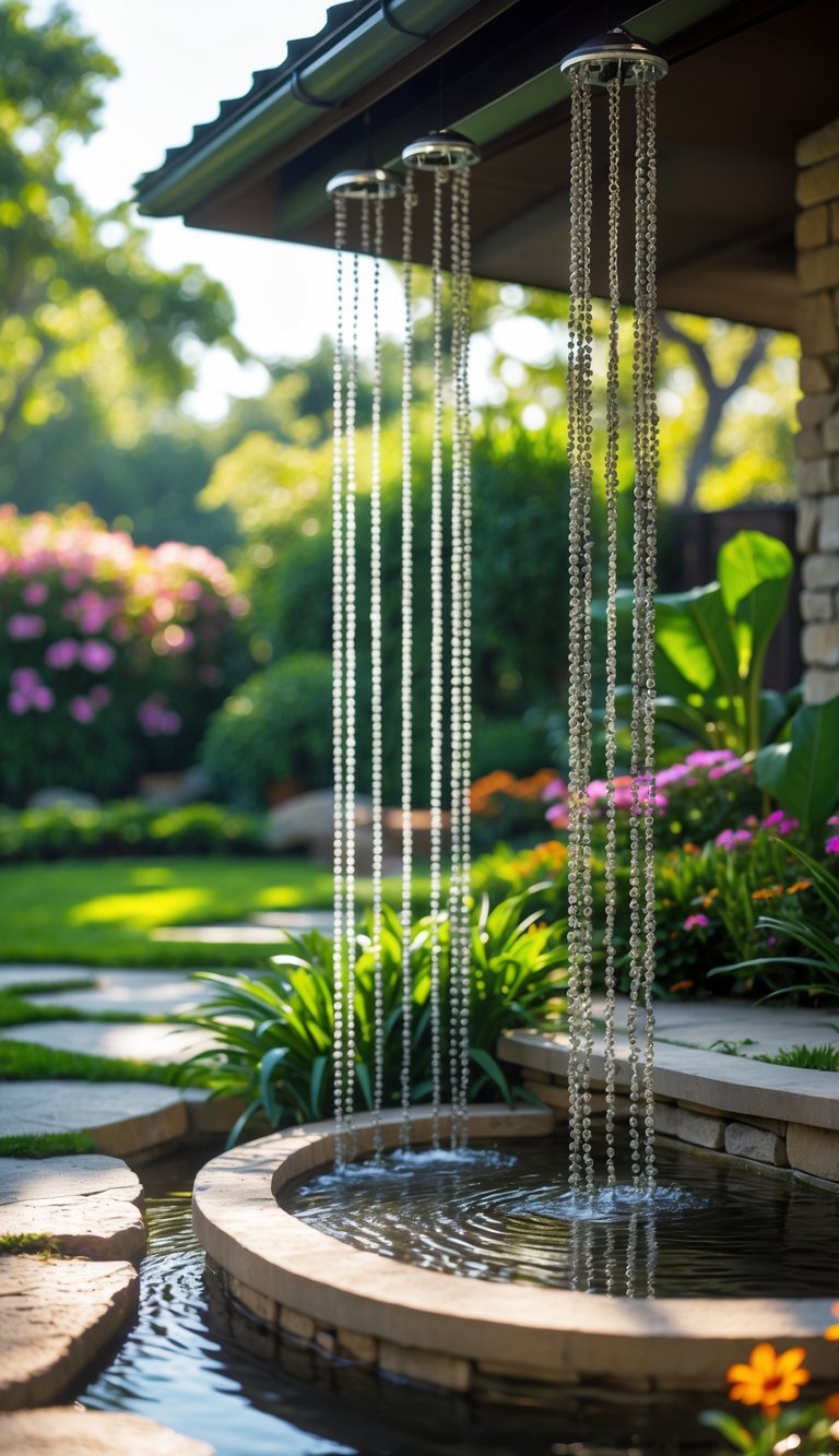 A backyard garden with rain chains guiding water into a decorative basin surrounded by plants and stone pathways.