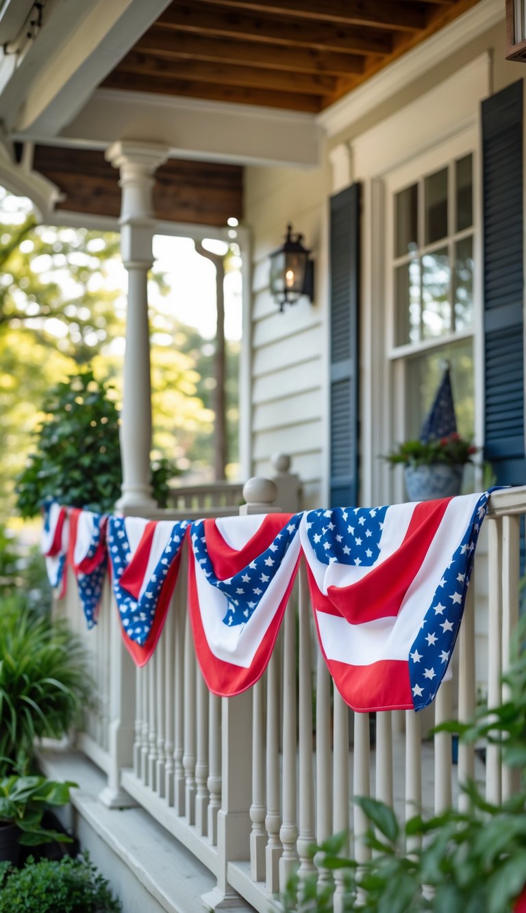 Red, white, and blue fabric bunting hanging on porch railings with plants nearby.
